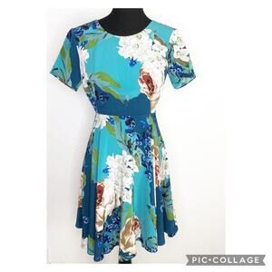 Anthropologie Corey Lynn Calter turquoise blue white floral fit flare dress 0